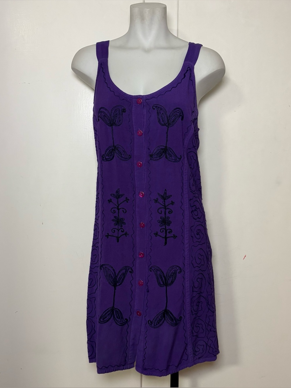 Vintage 90s Purple Rayon Embroidered Boho Button Up Mini Dress